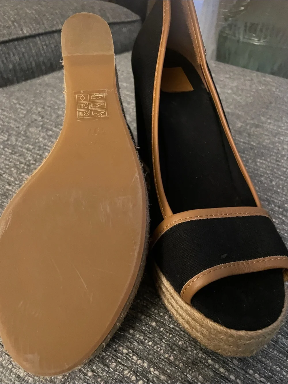 Tory Burch Black and Tan Espadrille Wedge Flats